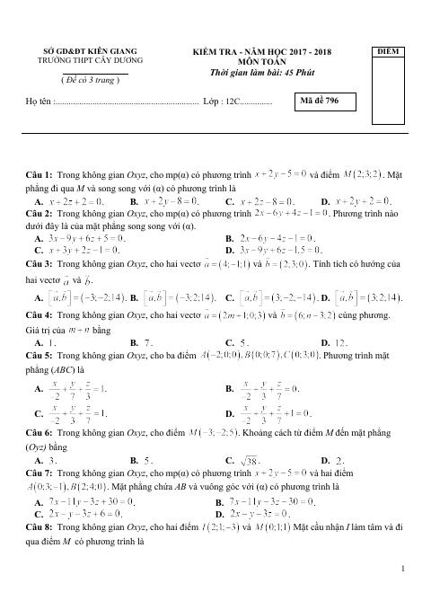 Đề kiểm tra Hình học 12 chương 3 năm 2017 – 2018 trường Cây Dương – Kiên Giang (bản Word)